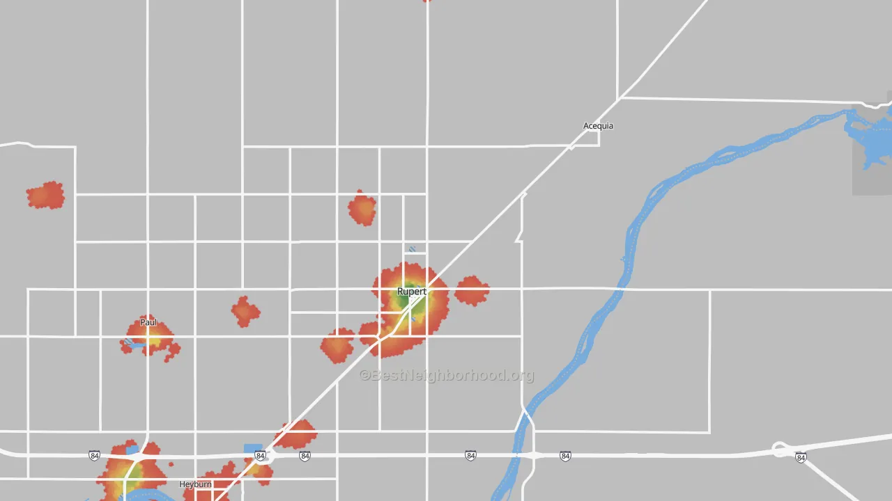 Walk Grade map of 83350, ID, walkable areas in green and car-dependent areas in red