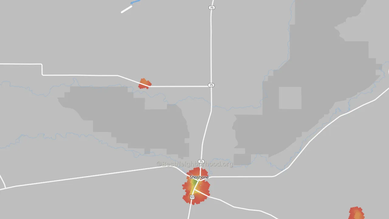 Walk Grade map of 83352, ID, walkable areas in green and car-dependent areas in red