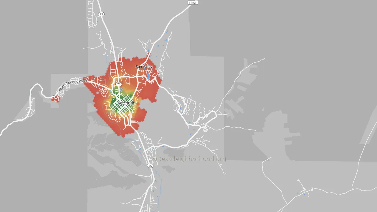 Walk Grade map of 83353, ID, walkable areas in green and car-dependent areas in red