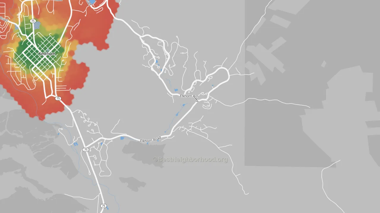 Walk Grade map of 83354, ID, walkable areas in green and car-dependent areas in red