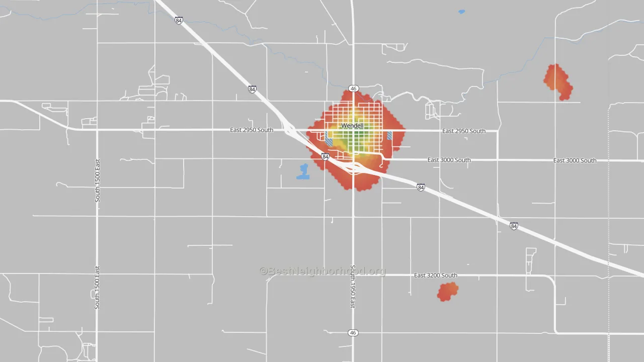 Walk Grade map of 83355, ID, walkable areas in green and car-dependent areas in red