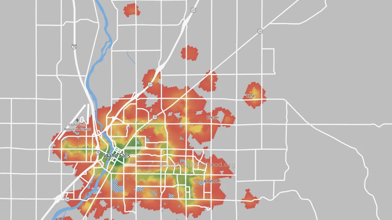 Walk Grade map of 83401, ID, walkable areas in green and car-dependent areas in red