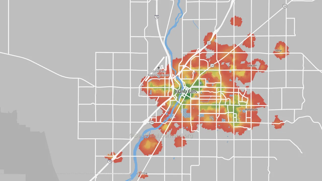 Walk Grade map of 83402, ID, walkable areas in green and car-dependent areas in red