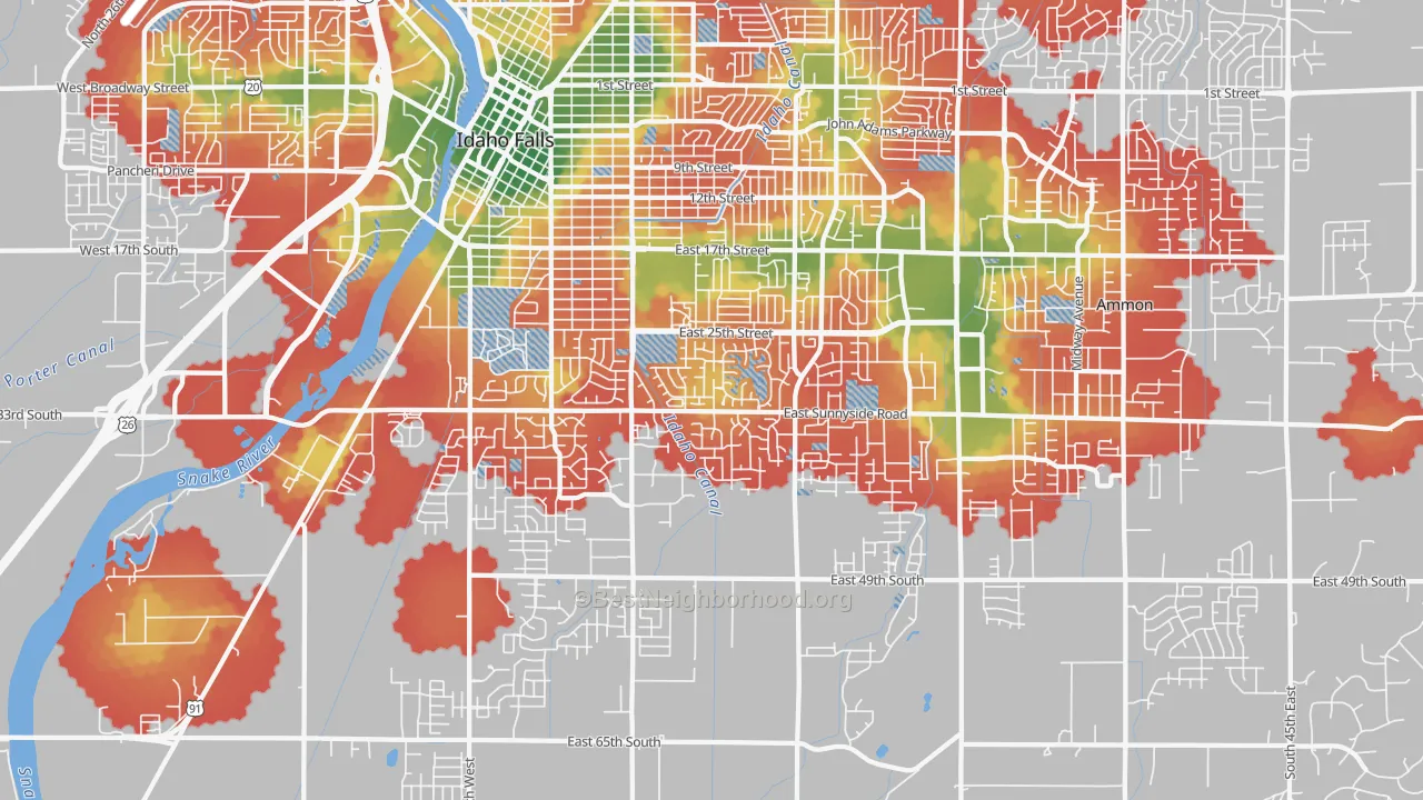 Walk Grade map of 83404, ID, walkable areas in green and car-dependent areas in red