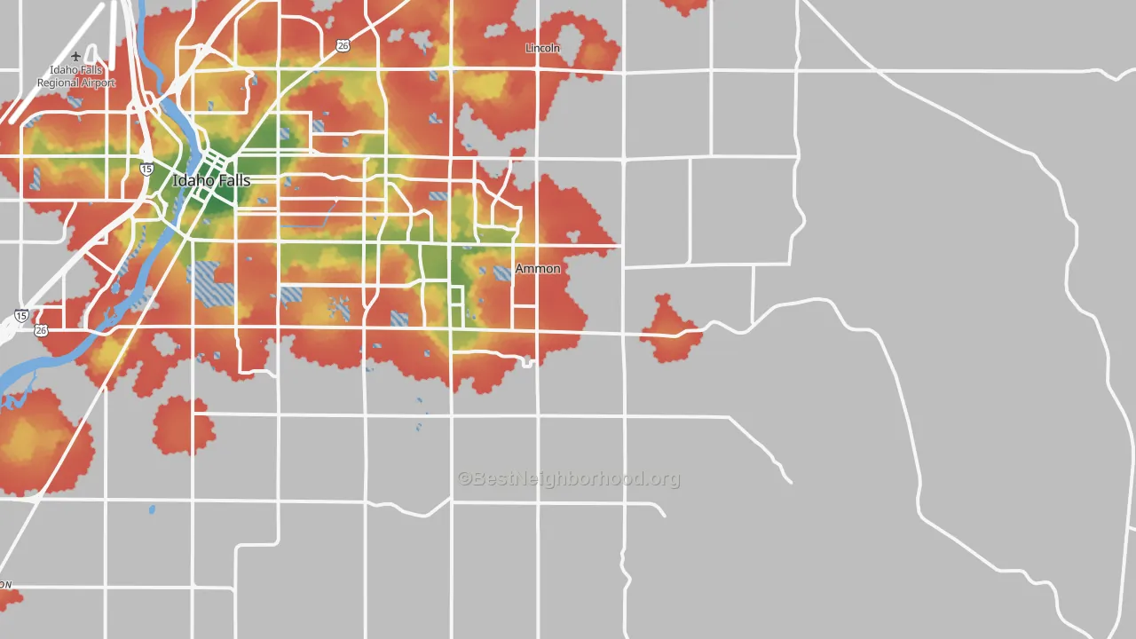 Walk Grade map of 83406, ID, walkable areas in green and car-dependent areas in red