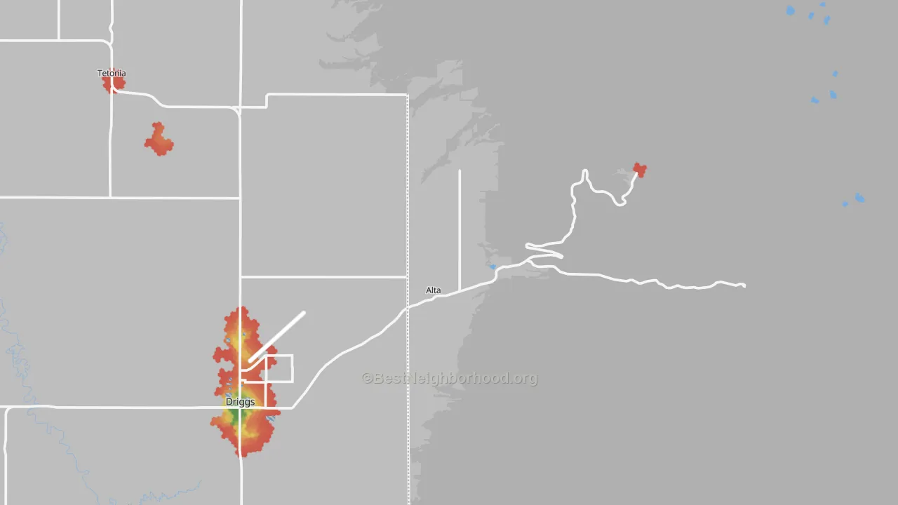 Walk Grade map of 83414, WY, walkable areas in green and car-dependent areas in red