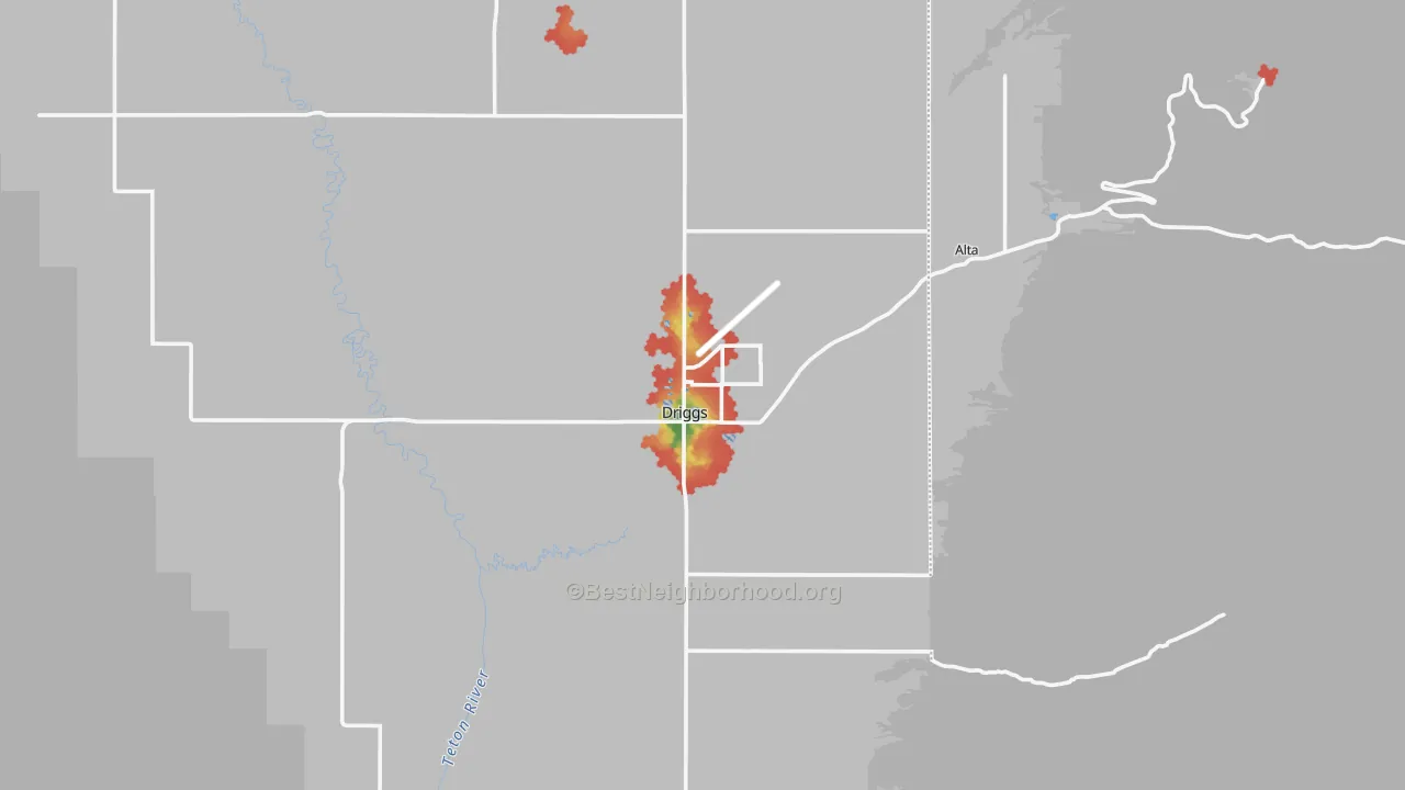 Walk Grade map of 83422, ID, walkable areas in green and car-dependent areas in red