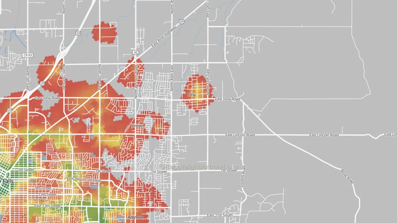 Walk Grade map of 83427, ID, walkable areas in green and car-dependent areas in red