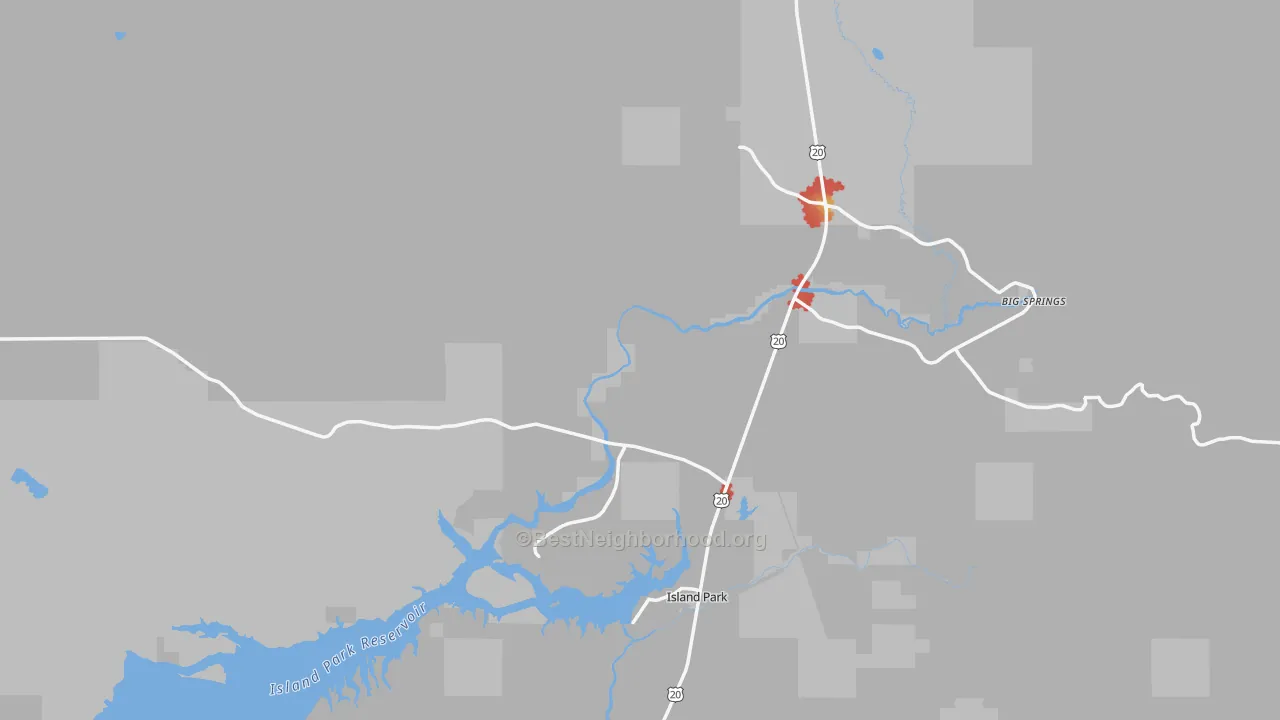 Walk Grade map of 83429, ID, walkable areas in green and car-dependent areas in red