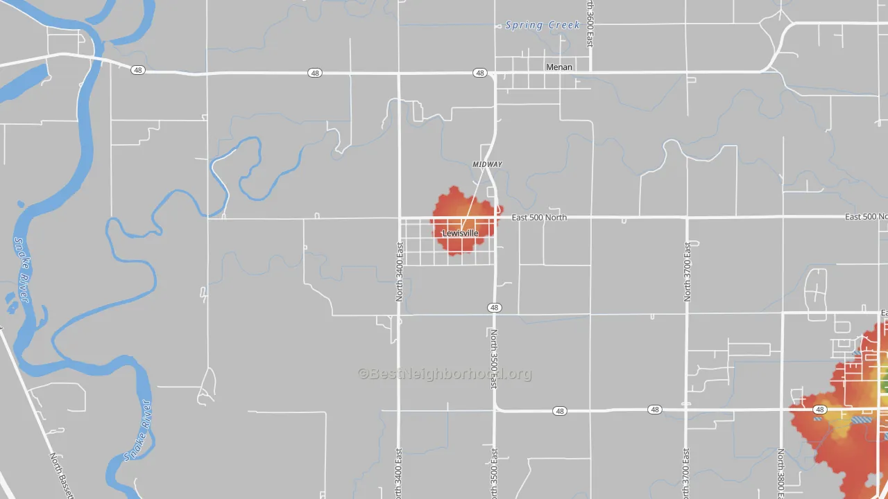 Walk Grade map of 83431, ID, walkable areas in green and car-dependent areas in red