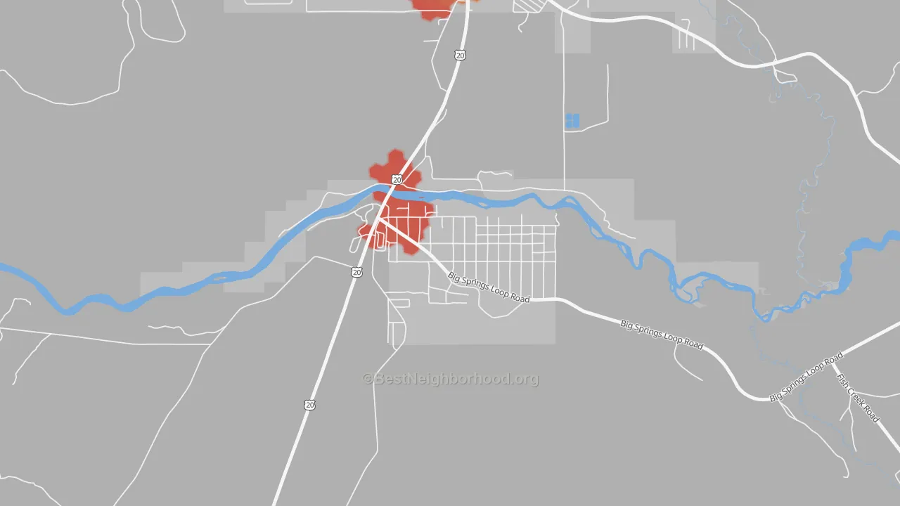 Walk Grade map of 83433, ID, walkable areas in green and car-dependent areas in red