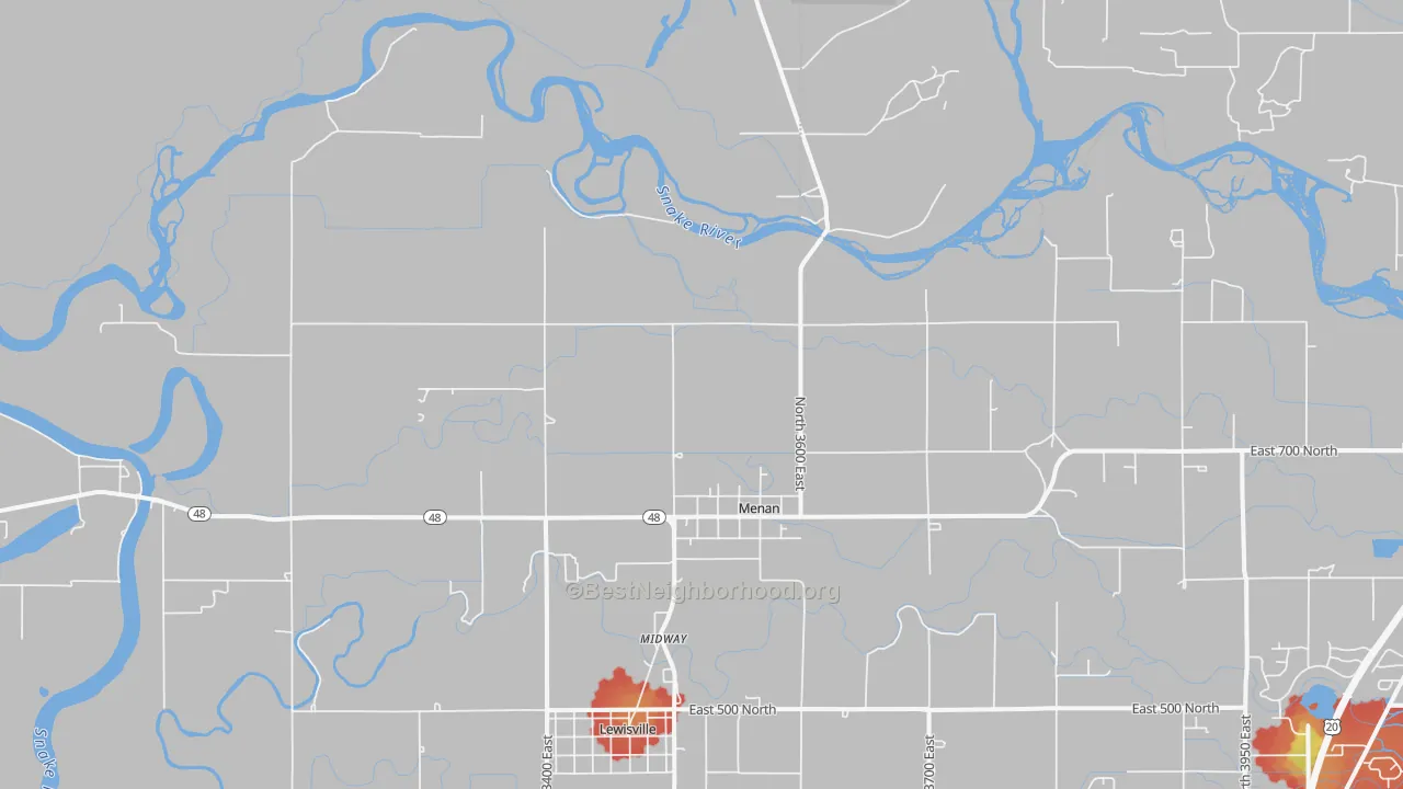 Walk Grade map of 83434, ID, walkable areas in green and car-dependent areas in red