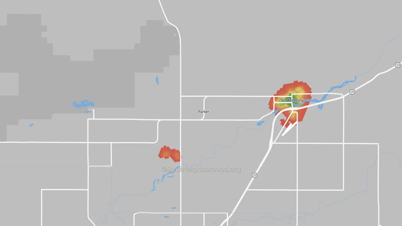 Walk Grade map of 83438, ID, walkable areas in green and car-dependent areas in red