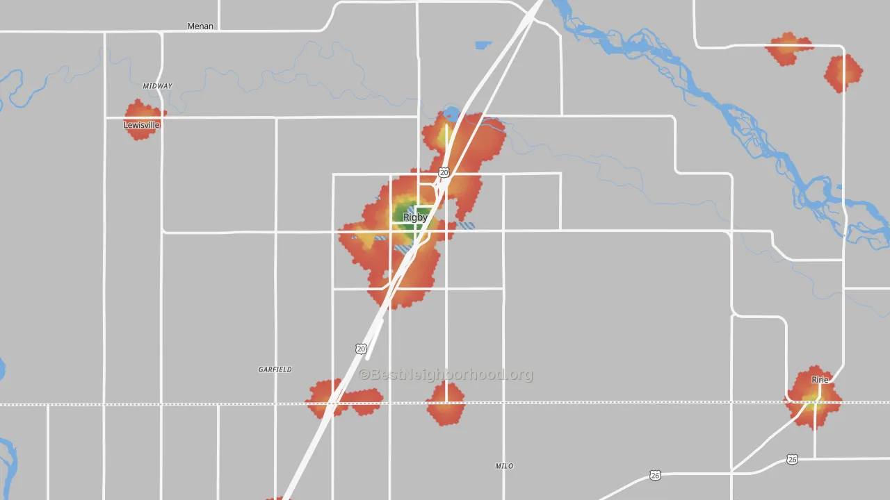 Walk Grade map of 83442, ID, walkable areas in green and car-dependent areas in red