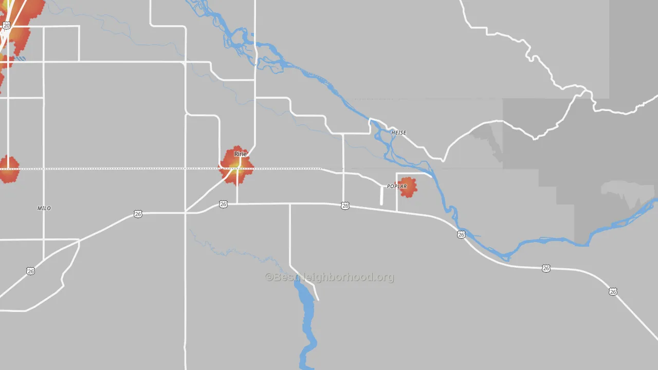 Walk Grade map of 83443, ID, walkable areas in green and car-dependent areas in red