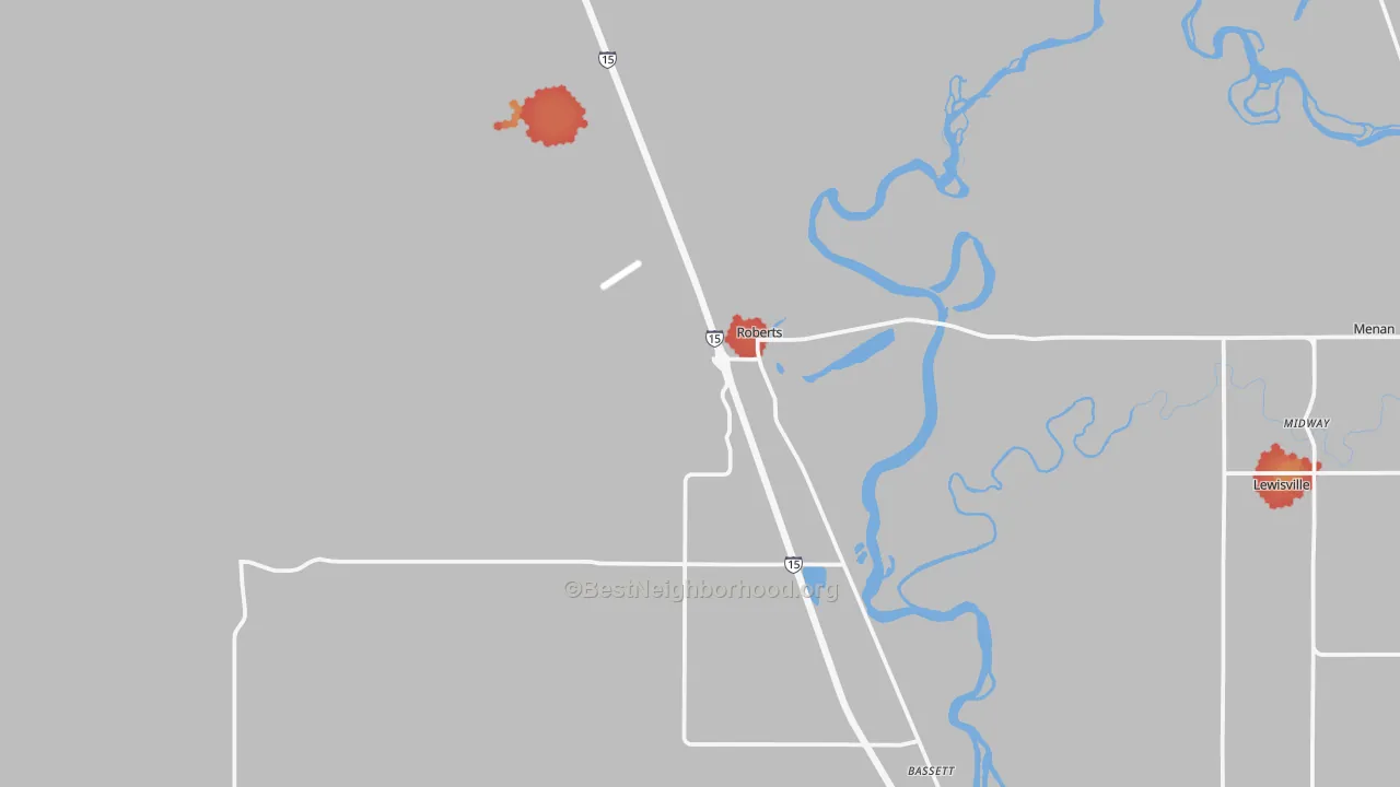Walk Grade map of 83444, ID, walkable areas in green and car-dependent areas in red
