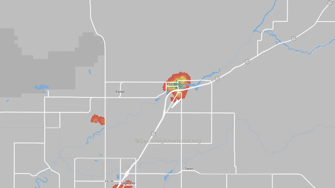 Walk Grade map of 83445, ID, walkable areas in green and car-dependent areas in red