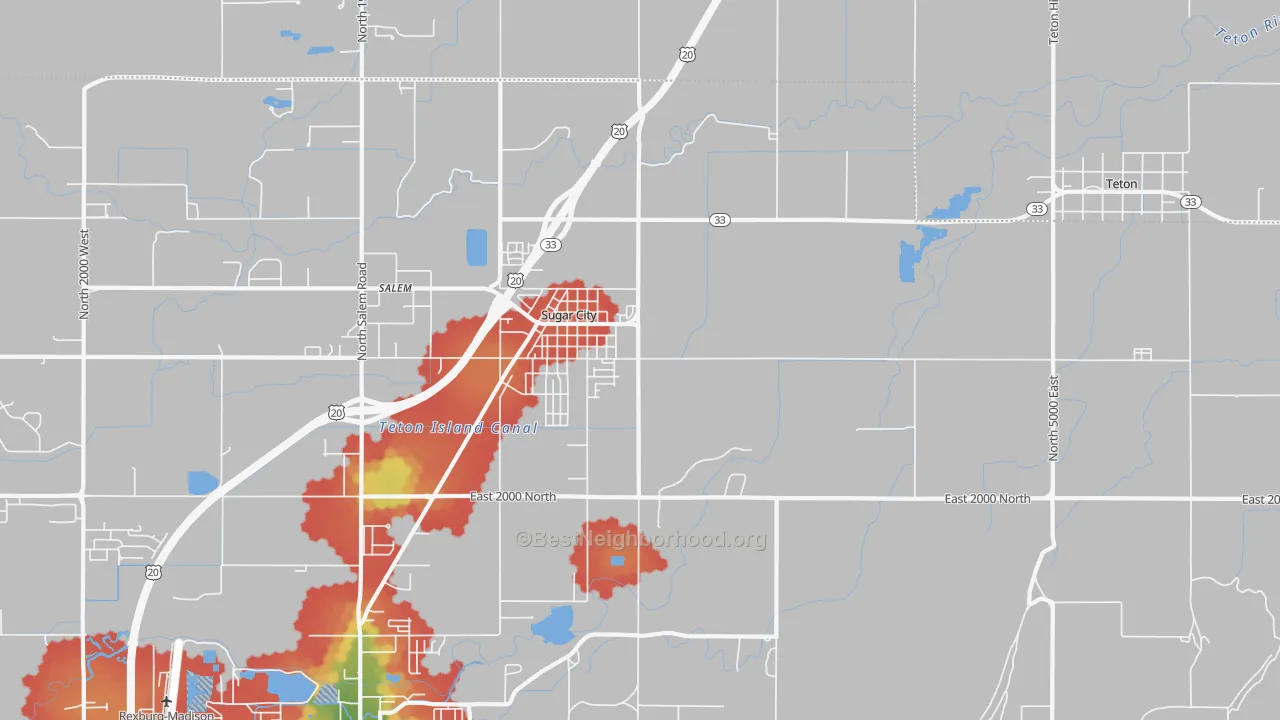 Walk Grade map of 83448, ID, walkable areas in green and car-dependent areas in red