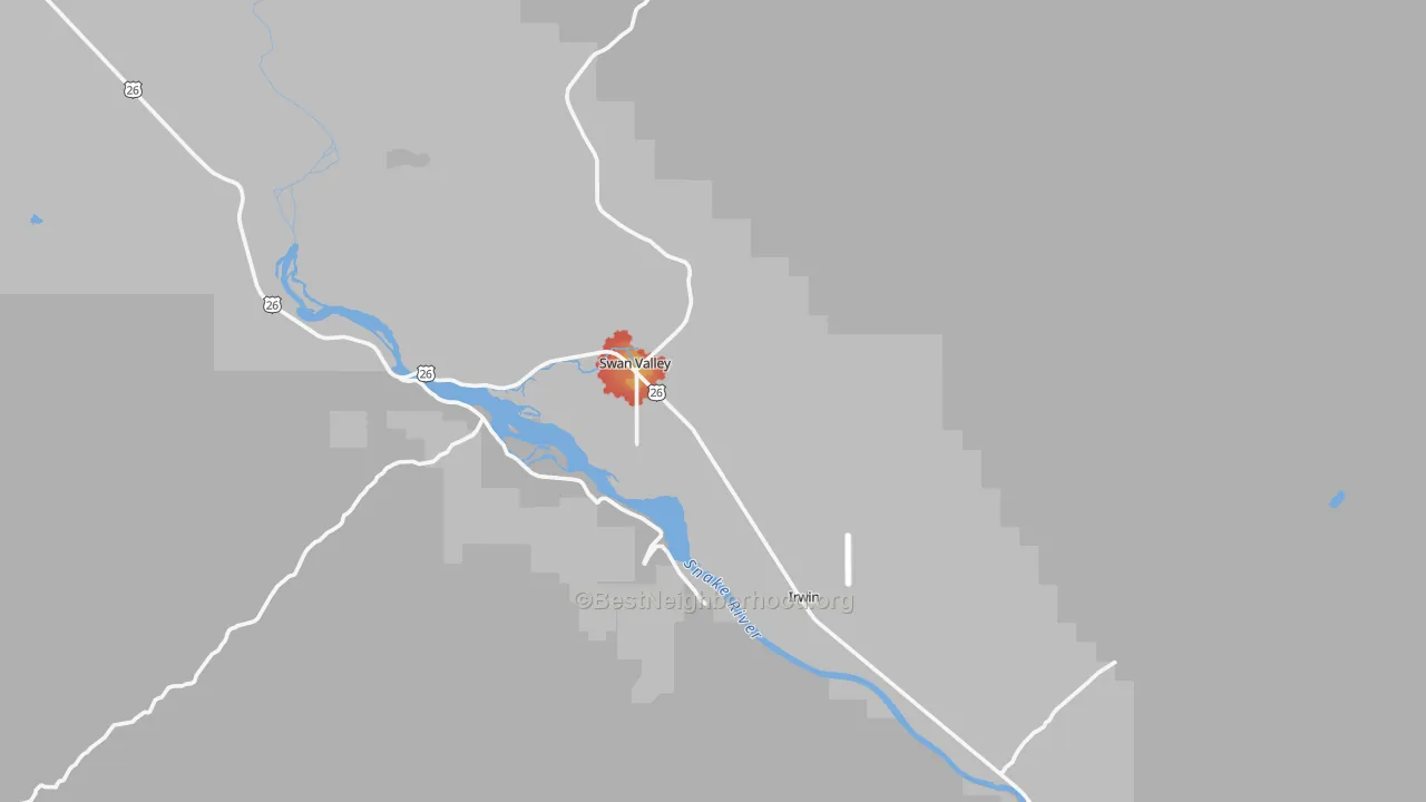 Walk Grade map of 83449, ID, walkable areas in green and car-dependent areas in red