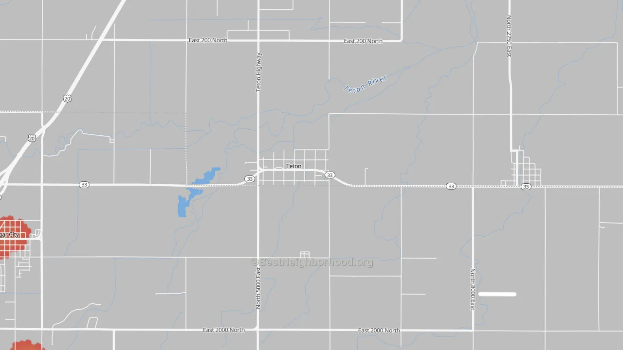 Walk Grade map of 83451, ID, walkable areas in green and car-dependent areas in red
