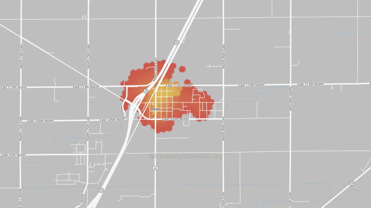 Walk Grade map of 83454, ID, walkable areas in green and car-dependent areas in red