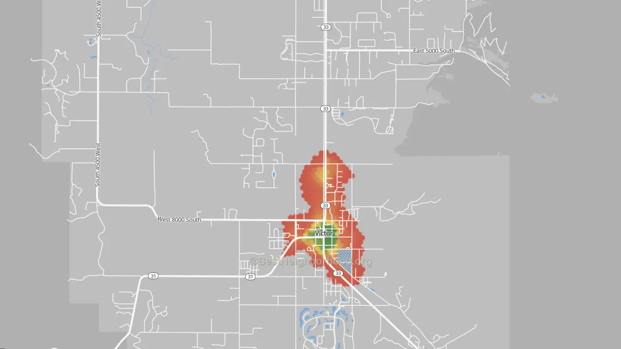 Walk Grade map of 83455, ID, walkable areas in green and car-dependent areas in red
