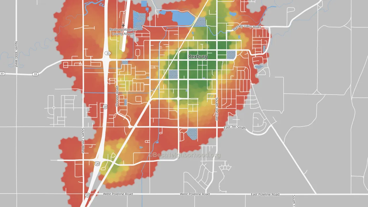 Walk Grade map of 83460, ID, walkable areas in green and car-dependent areas in red