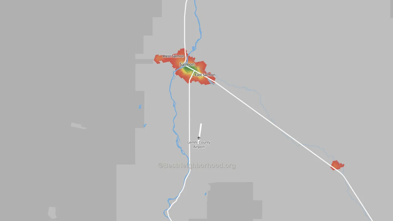 Walk Grade map of 83467, ID, walkable areas in green and car-dependent areas in red