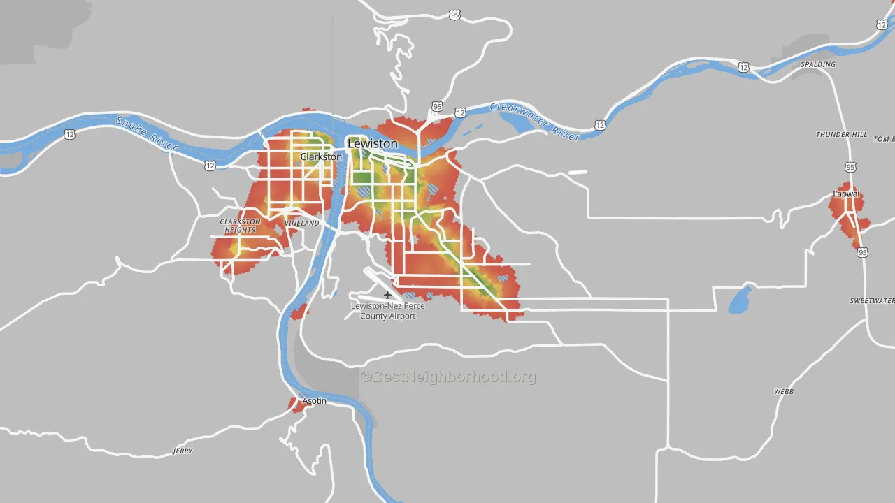 Walk Grade map of 83501, ID, walkable areas in green and car-dependent areas in red