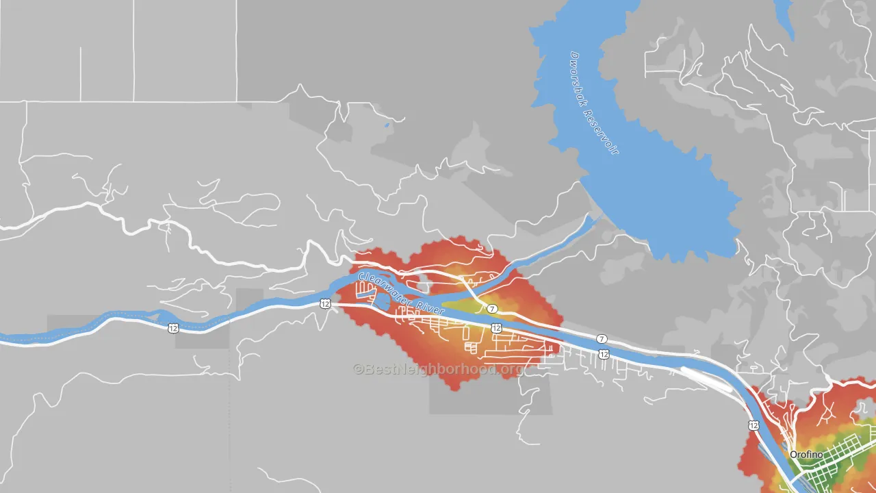 Walk Grade map of 83520, ID, walkable areas in green and car-dependent areas in red