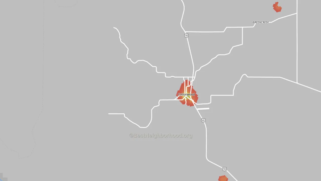 Walk Grade map of 83522, ID, walkable areas in green and car-dependent areas in red