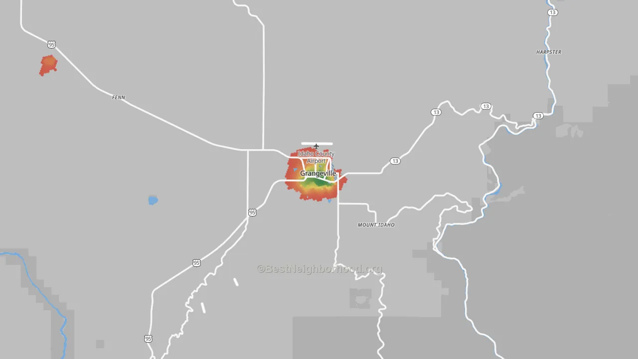 Walk Grade map of 83530, ID, walkable areas in green and car-dependent areas in red