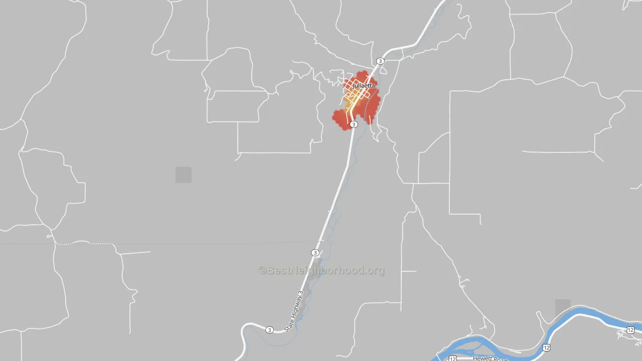 Walk Grade map of 83535, ID, walkable areas in green and car-dependent areas in red
