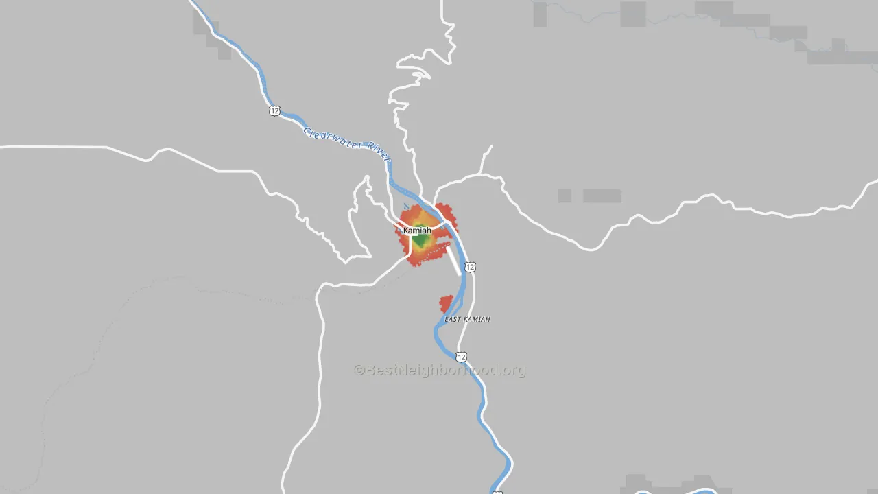 Walk Grade map of 83536, ID, walkable areas in green and car-dependent areas in red