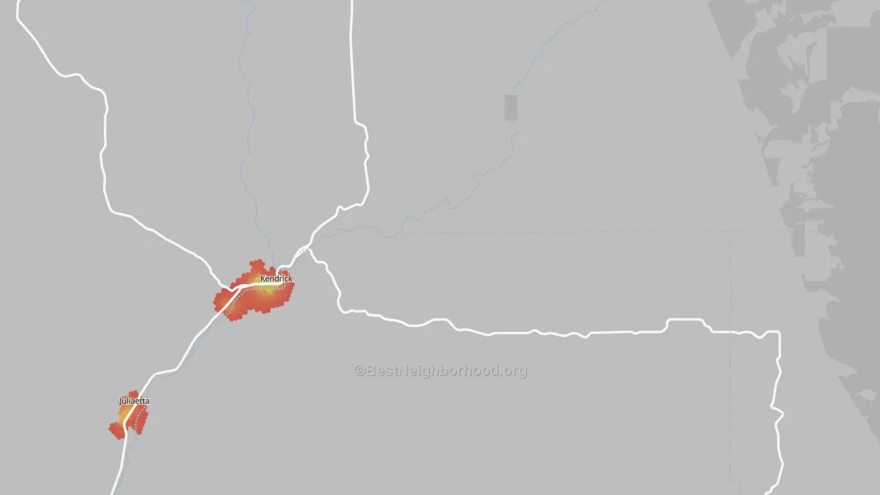 Walk Grade map of 83537, ID, walkable areas in green and car-dependent areas in red