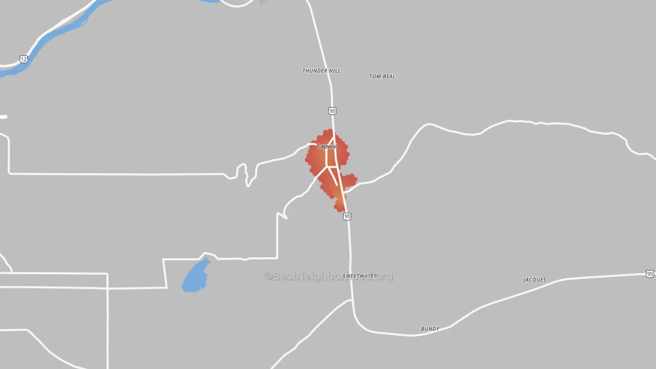 Walk Grade map of 83540, ID, walkable areas in green and car-dependent areas in red