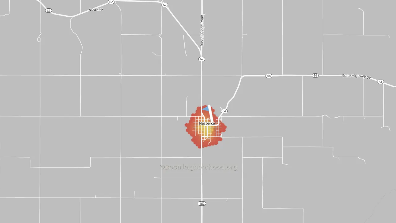 Walk Grade map of 83543, ID, walkable areas in green and car-dependent areas in red
