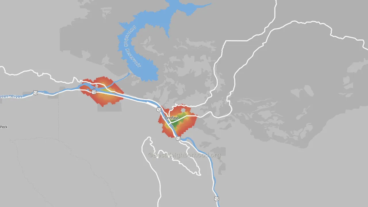 Walk Grade map of 83544, ID, walkable areas in green and car-dependent areas in red