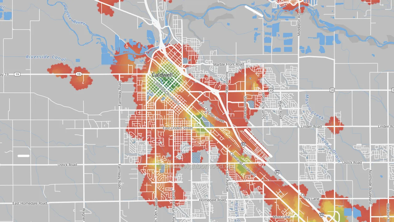 Walk Grade map of 83605, ID, walkable areas in green and car-dependent areas in red
