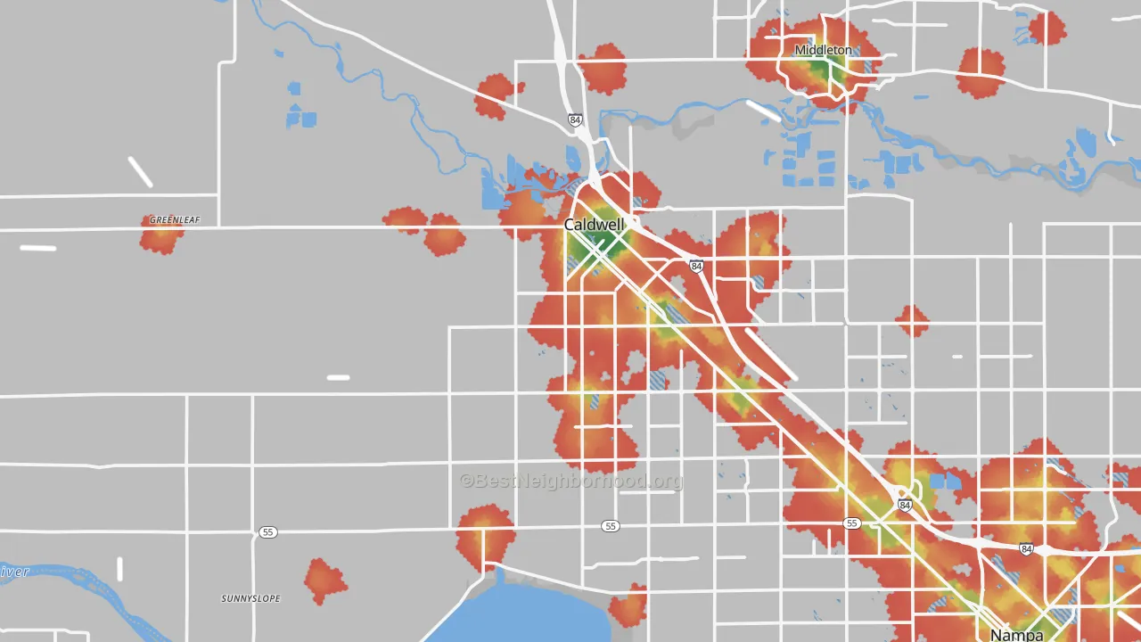 Walk Grade map of 83607, ID, walkable areas in green and car-dependent areas in red