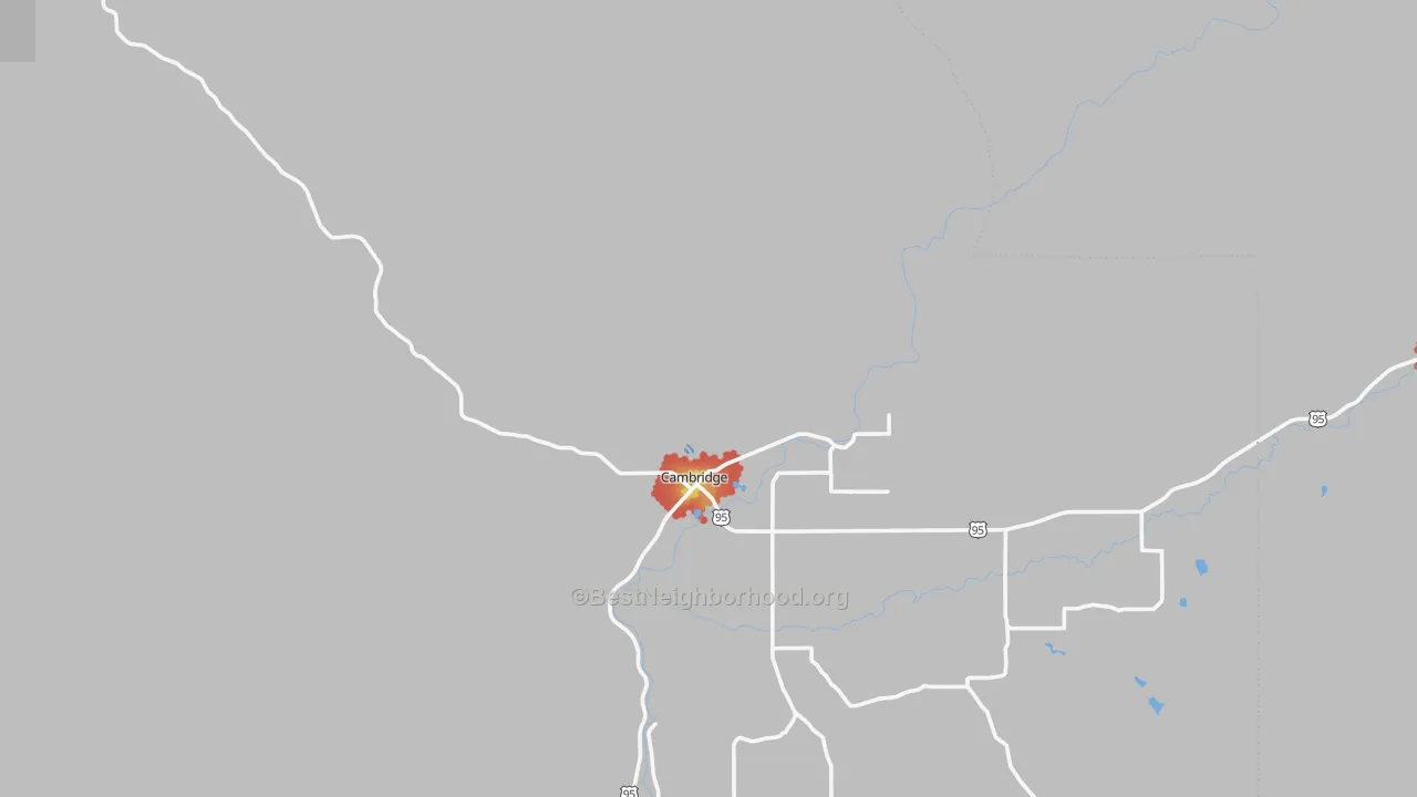 Walk Grade map of 83610, ID, walkable areas in green and car-dependent areas in red