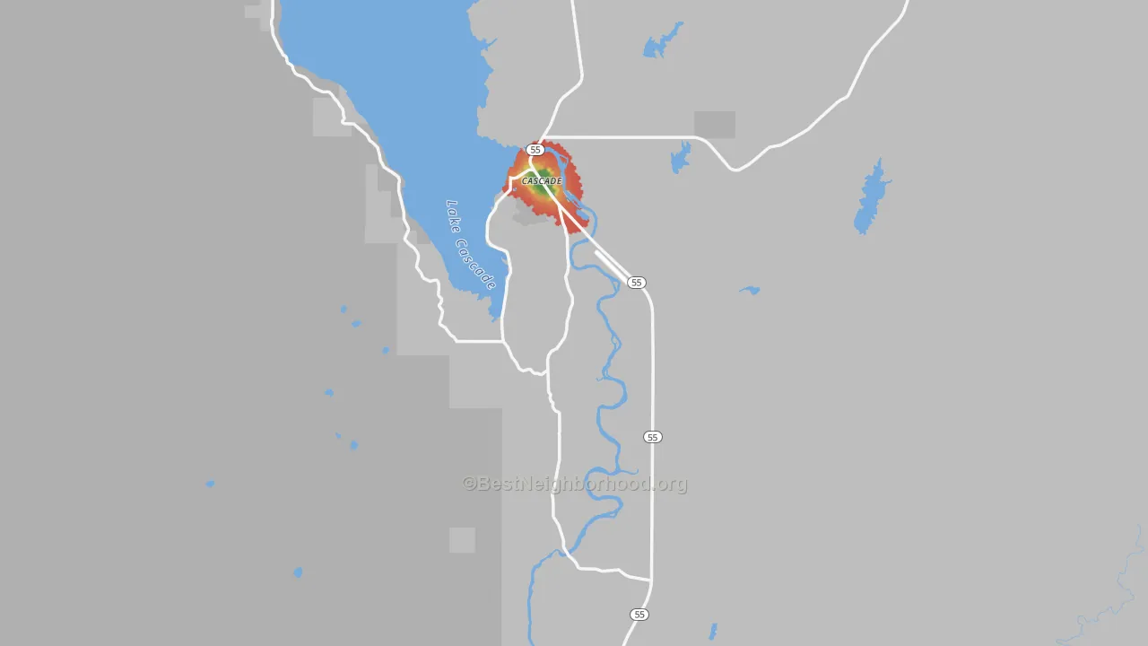 Walk Grade map of 83611, ID, walkable areas in green and car-dependent areas in red