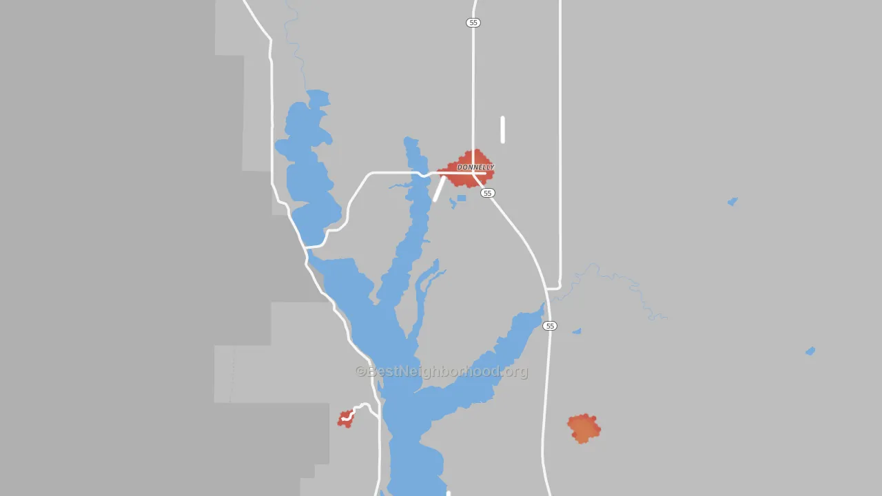 Walk Grade map of 83615, ID, walkable areas in green and car-dependent areas in red