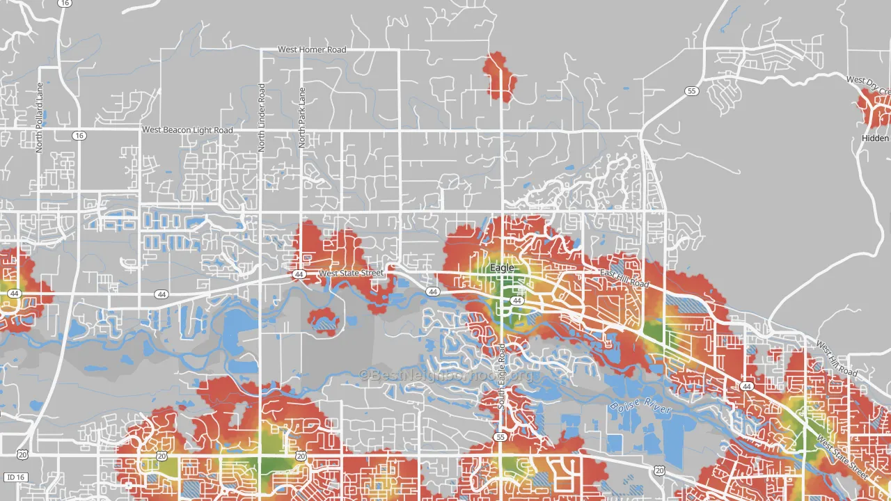 Walk Grade map of 83616, ID, walkable areas in green and car-dependent areas in red