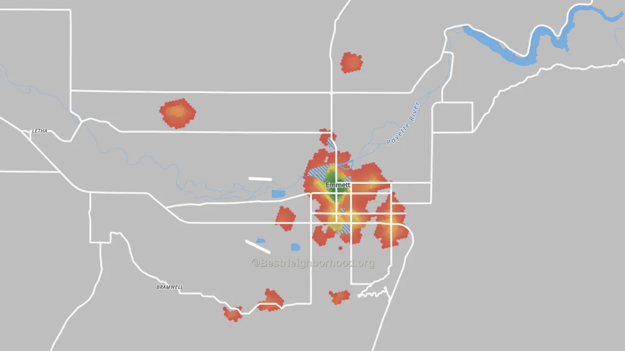 Walk Grade map of 83617, ID, walkable areas in green and car-dependent areas in red