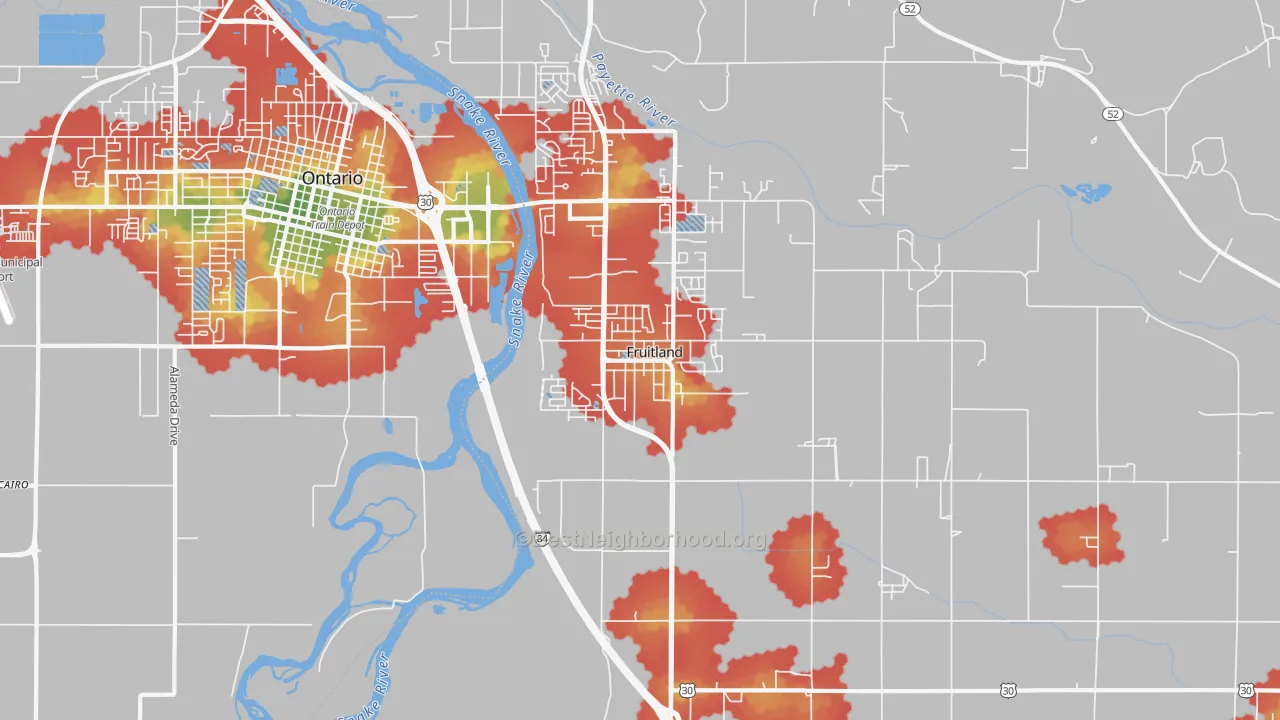 Walk Grade map of 83619, ID, walkable areas in green and car-dependent areas in red