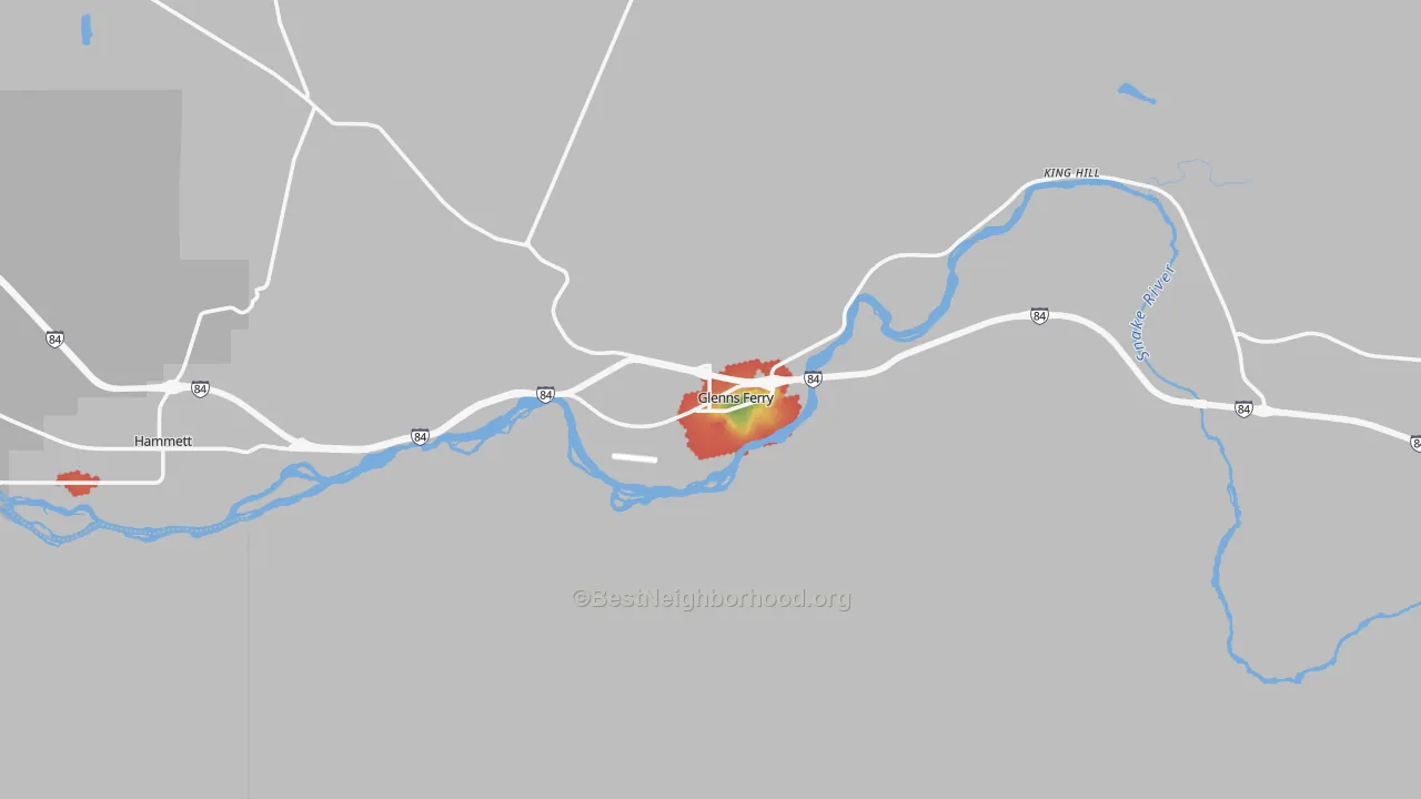 Walk Grade map of 83623, ID, walkable areas in green and car-dependent areas in red