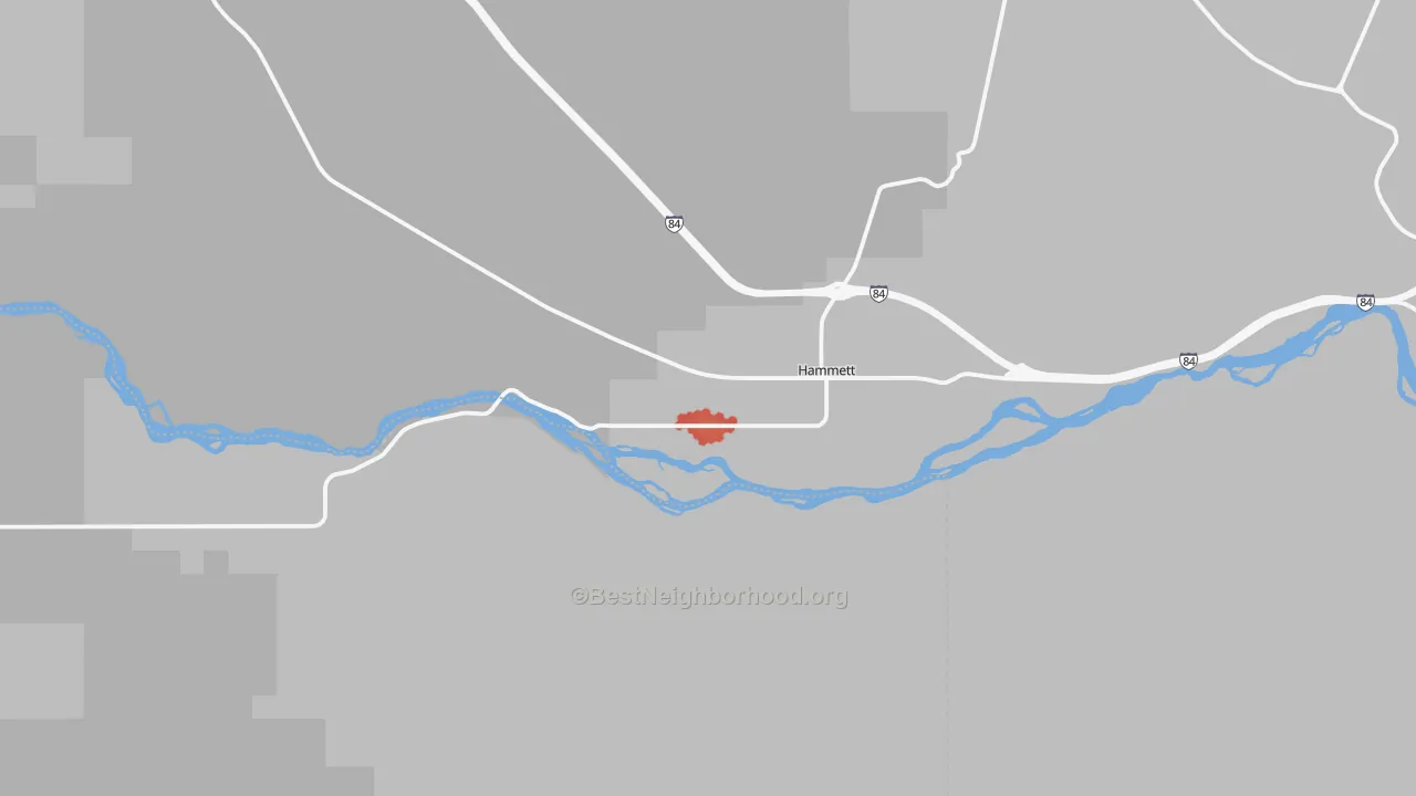 Walk Grade map of 83627, ID, walkable areas in green and car-dependent areas in red