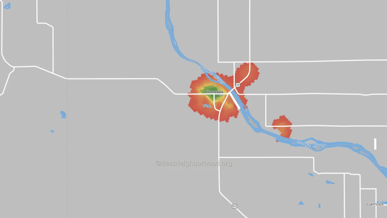 Walk Grade map of 83628, ID, walkable areas in green and car-dependent areas in red
