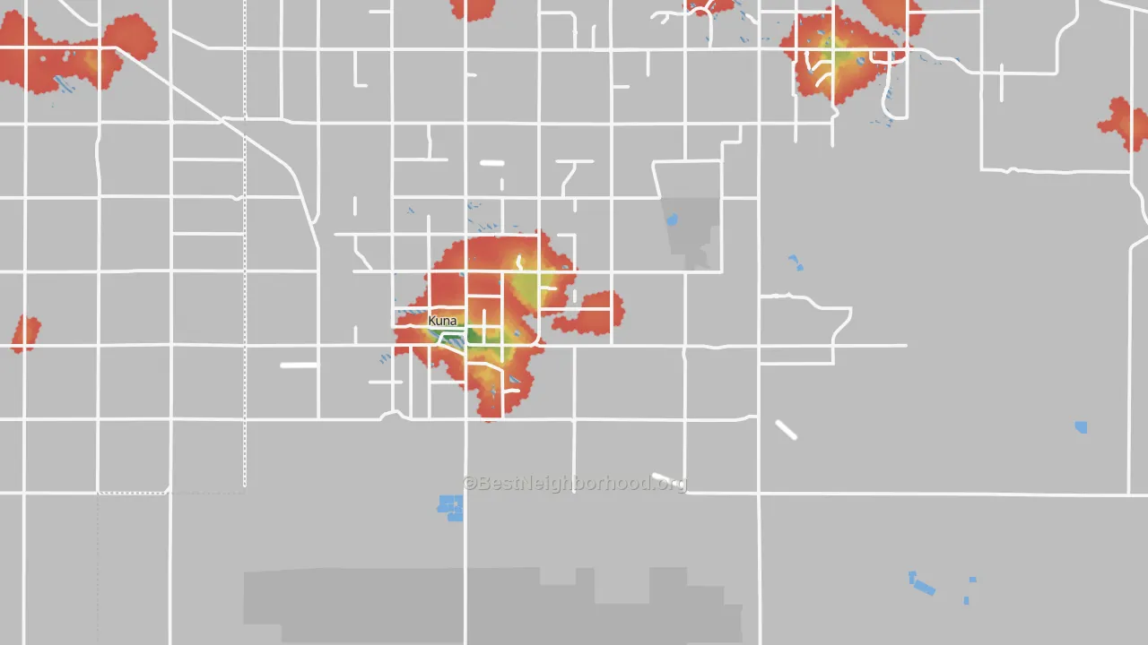 Walk Grade map of 83634, ID, walkable areas in green and car-dependent areas in red